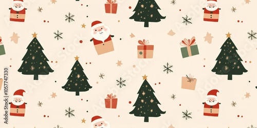 Christmas pattern, cristmass trees, cristmass gifts, santa claus, gift wrapping lite background, simle flat-style vector design photo