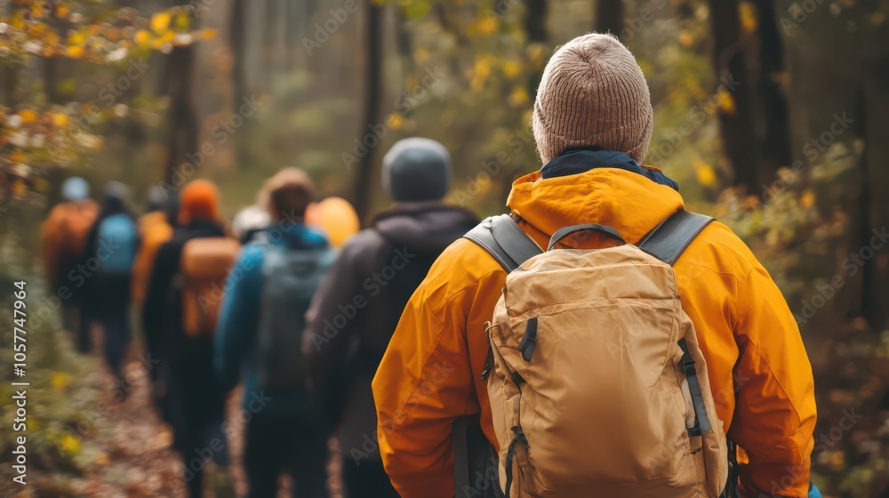 Group Trekking Through Autumn Forest Trail Group Trekking Through Autumn Forest Trail