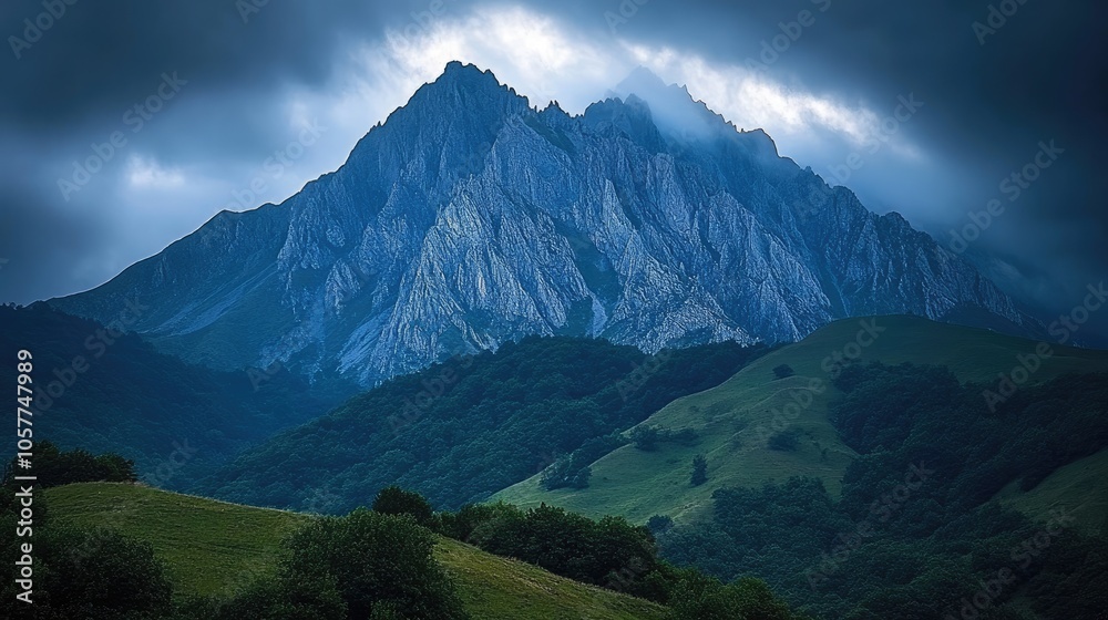 Fototapeta premium Majestic mountain scenery with light digital enhancements, providing a relaxing virtual background with home setup