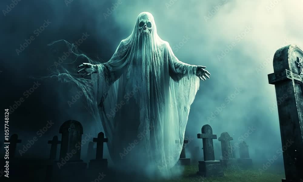 A ghostly figure shrouded in mist stands hauntingly in a graveyard. A ghostly figure shrouded in mist stands hauntingly in a graveyard.