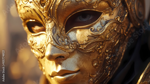 Close-up of a golden venetian carnival mask. Venetian Masked Ball. Illustration