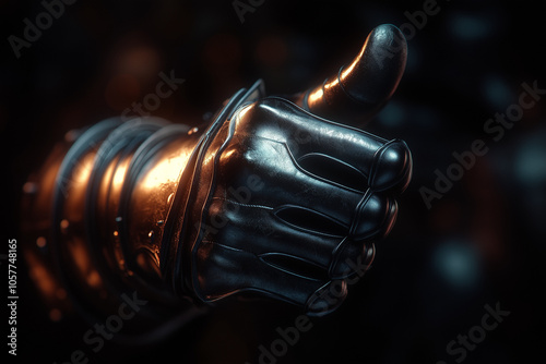 A knight hand in a heavy plate armor glove mitten showing a thumbs up gesture on a dark background. photo