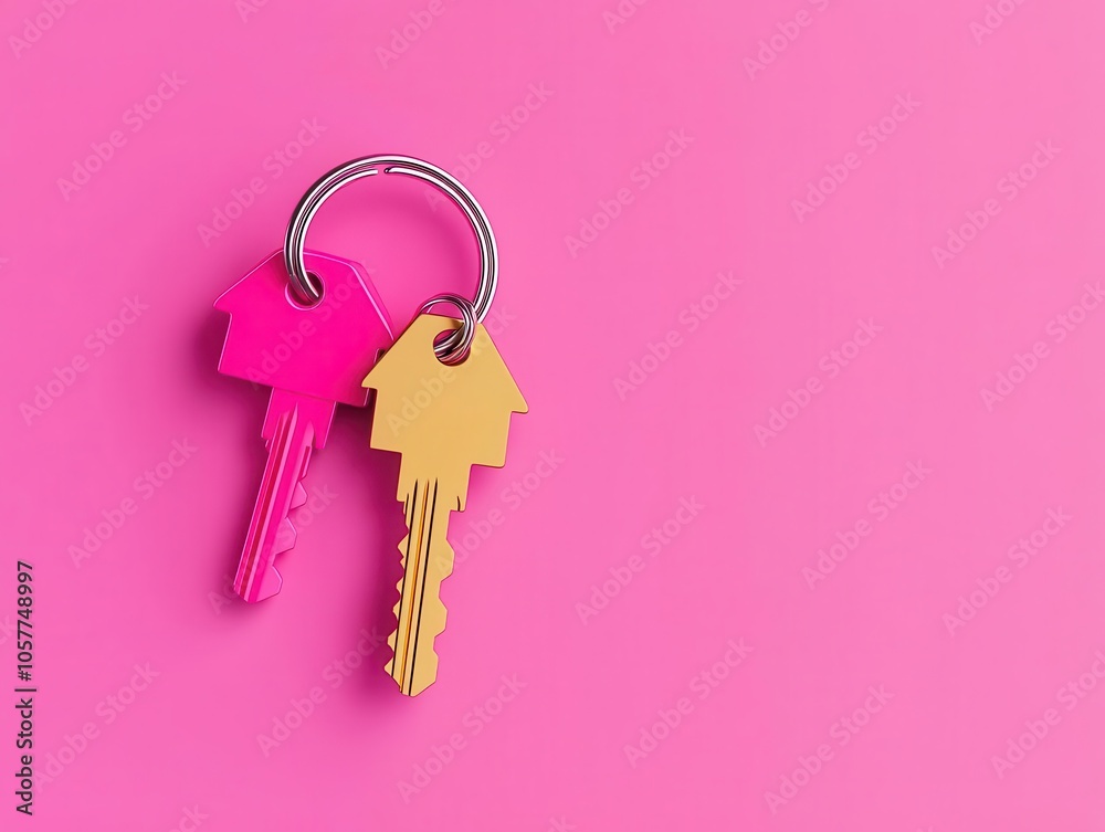 Homeownership concept, keyring with house charm, loan papers, 3D illustration