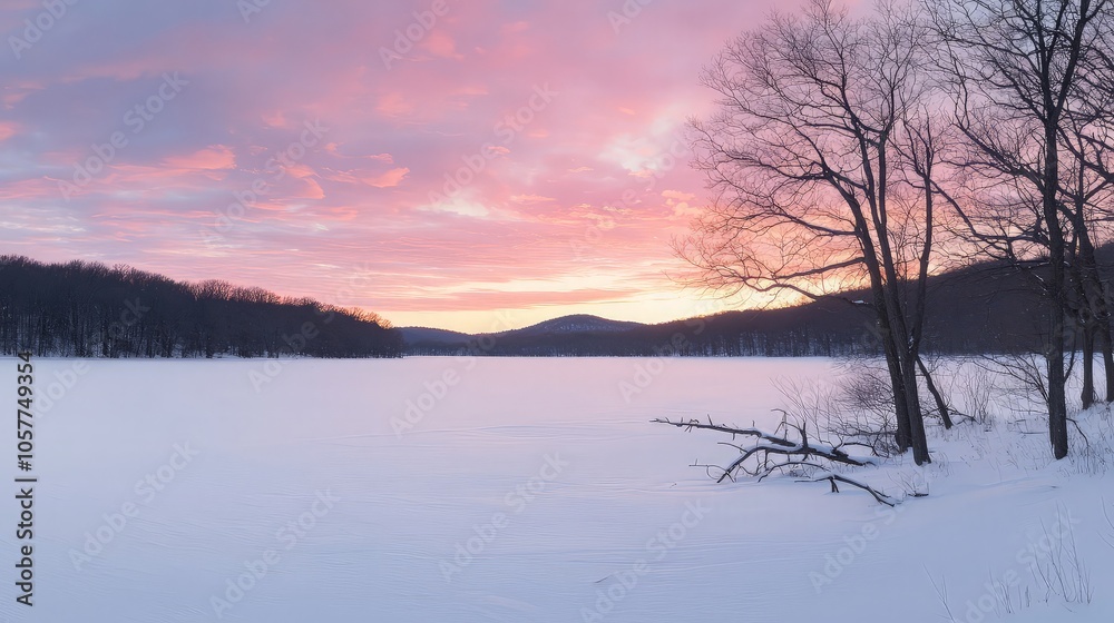 A scenic panorama of a frozen lake at sunrise with a vibrant pink sky and bare trees in the foreground. A scenic panorama of a frozen lake at sunrise with a vibrant pink sky and bare trees in the foreground.
