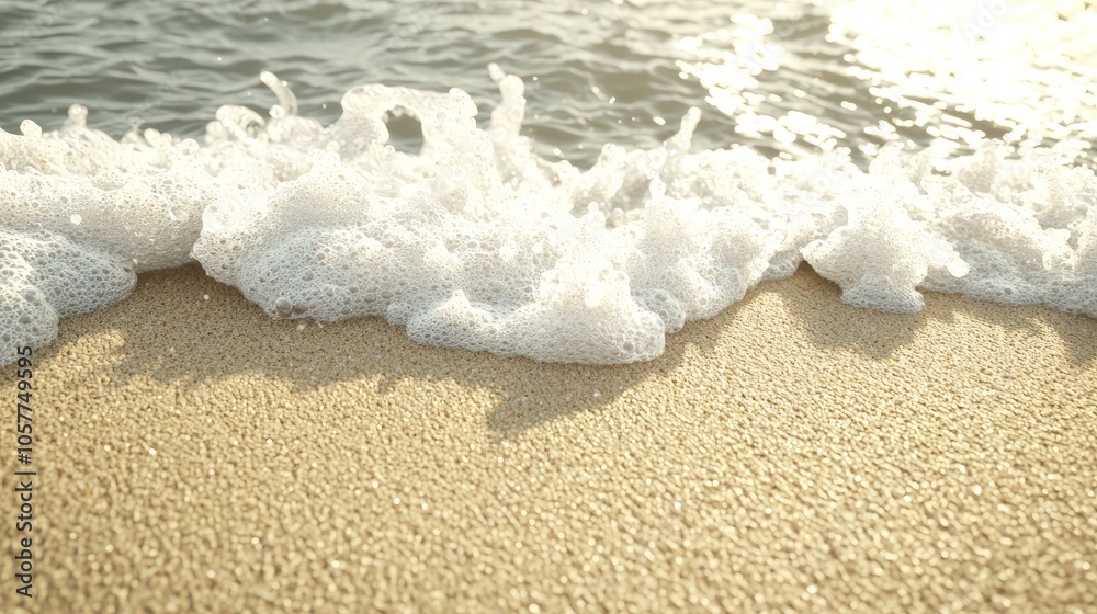 Close-up of foamy ocean wave lapping onto a sandy beach. Close-up of foamy ocean wave lapping onto a sandy beach.