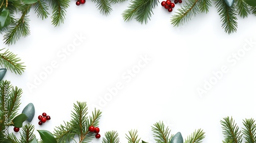 A festive frame of evergreen branches and red berries against a white background. Perfect for holiday greetings or announcements.