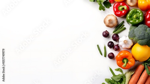 Fresh vegetables, including bell peppers, garlic, onions, broccoli, and carrots, arranged on a white background.