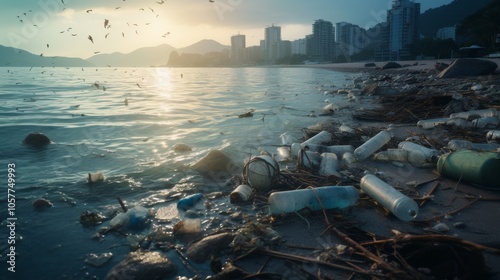 Coastal area polluted with plastic debris, broken bottles, and bags scattered around