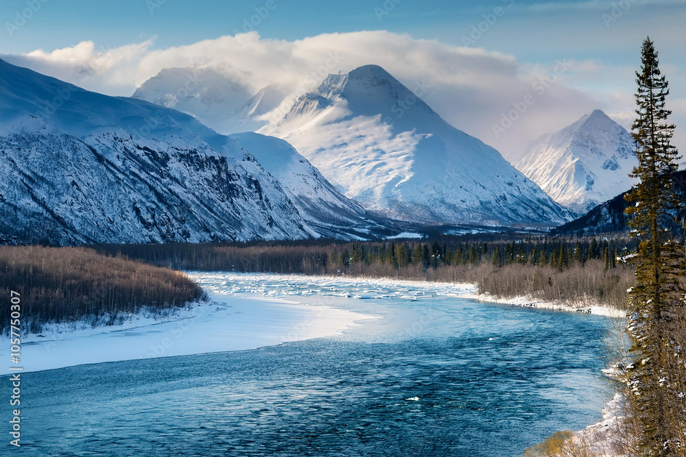 Stunning Alaskan Winter Wonderland with Majestic Snow-Capped Mountains and a Pristine Frozen River Capturing the Untouched Beauty of Nature in Photorealistic Detail Stunning Alaskan Winter Wonderland with Majestic Snow-Capped Mountains and a Pristine Frozen River Capturing the Untouched Beauty of Nature in Photorealistic Detail