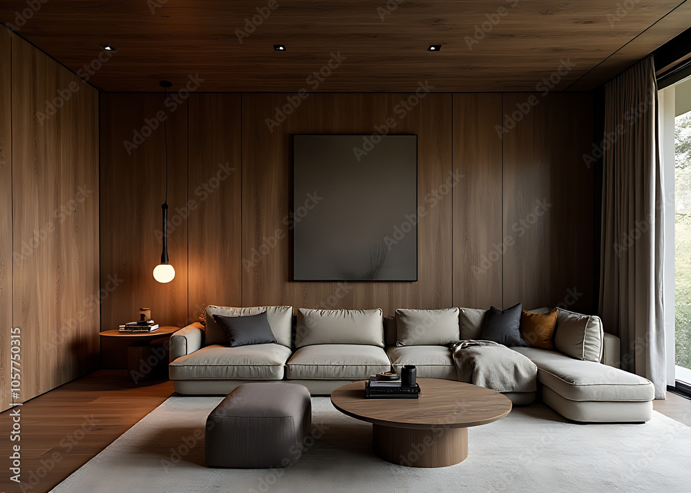 Fototapeta premium Dark wood adds depth to the space with its natural grain pattern and subtle warmth in the overall aesthetic.