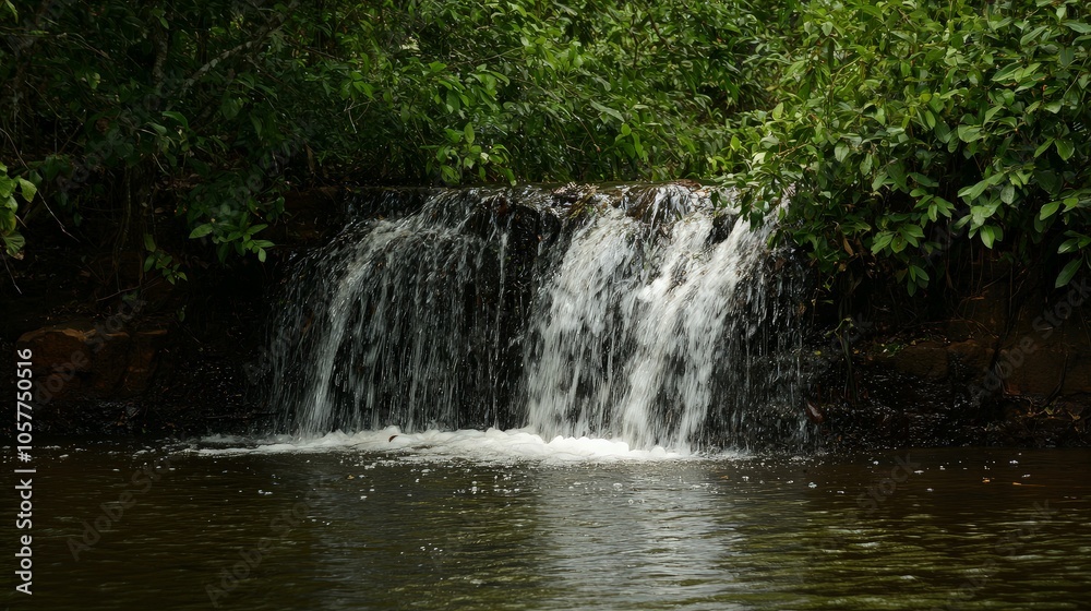 A small waterfall cascades over rocks into a still pool, surrounded by lush greenery. A small waterfall cascades over rocks into a still pool, surrounded by lush greenery.