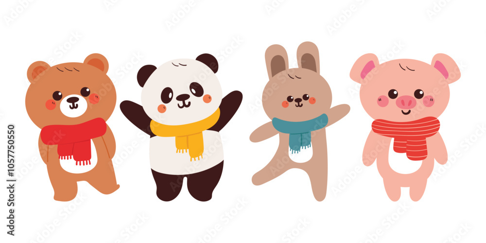 hand drawing cartoon winter animal sticker set. cute animal with scarf and sweater drawing, doodle set hand drawing cartoon winter animal sticker set. cute animal with scarf and sweater drawing, doodle set