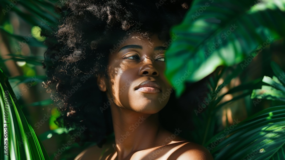 Content black woman with a calm demeanor among rich green tropical plants illuminated by gentle sunlight Content black woman with a calm demeanor among rich green tropical plants illuminated by gentle sunlight