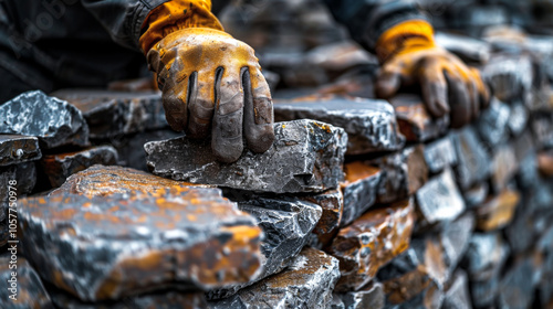 A bricklayer constructs a stone wall using wood, metal tools, and building materials like photo