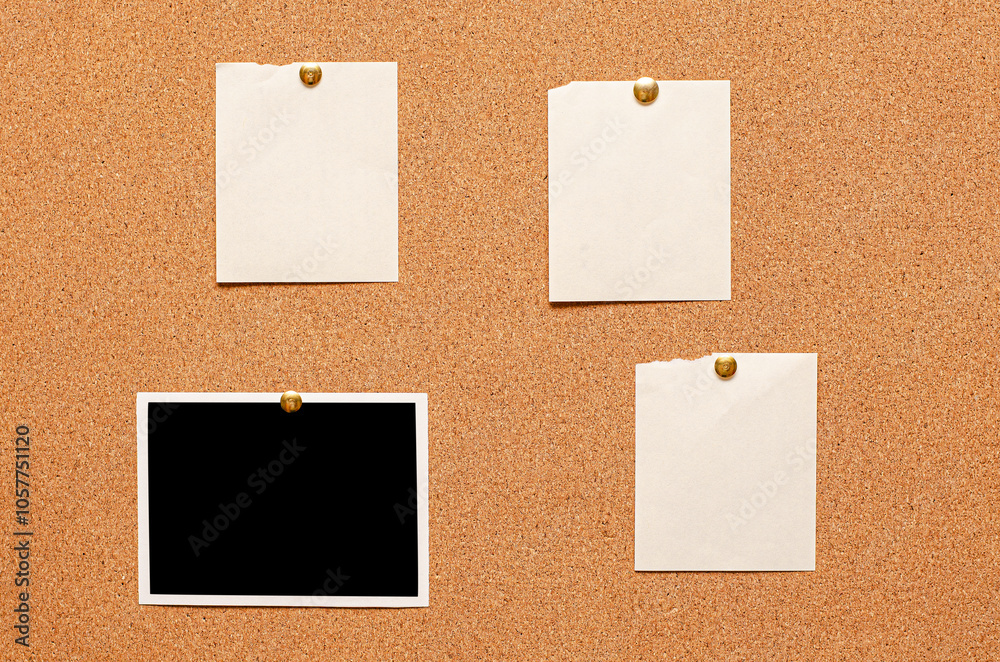 Blank paper notes and an empty photo are pinned to a cork board. The concept of detective investigation. Blank paper notes and an empty photo are pinned to a cork board. The concept of detective investigation.
