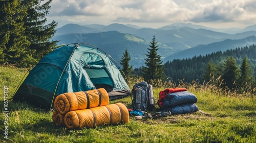 The preparation of the backpack with the tent, sleeping bag and hiking equipment is arranged on the top of the mountain with green grass and mountain view, conveying the freedom of traveling light.