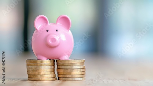 Piggy bank on stacks of coins, representing savings and financial growth. photo