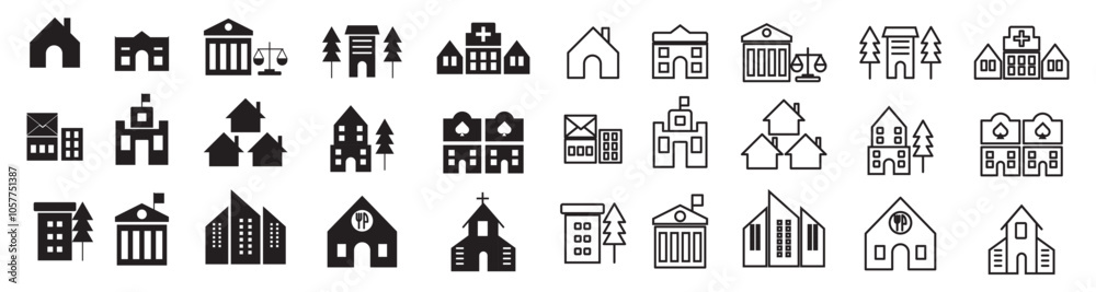 Buildings line icons set. Real estate, city, and landmarks