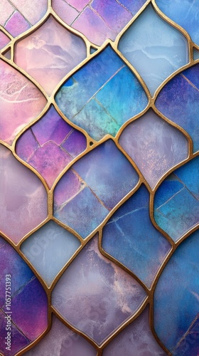Colorful mosaic tiles with a shimmering surface reflecting light in a vibrant...