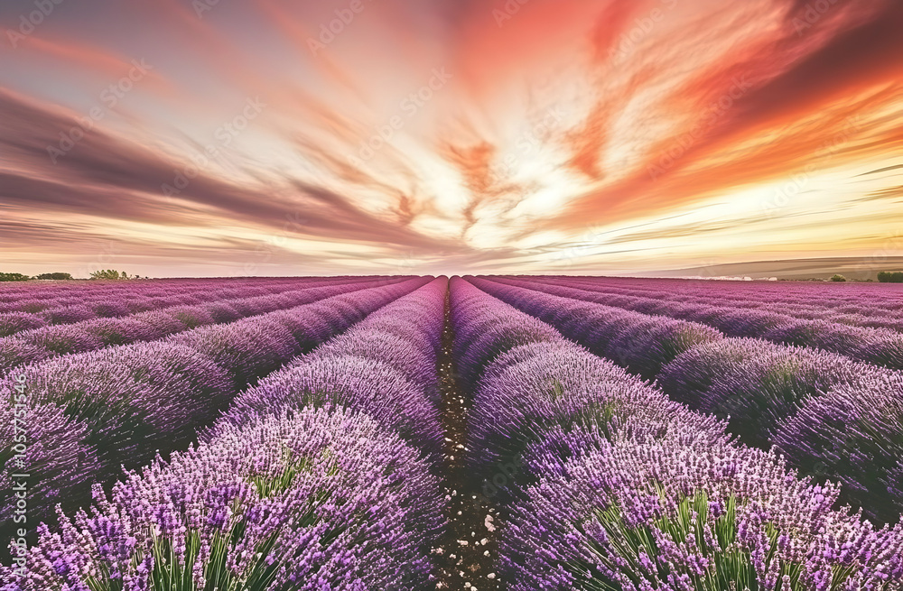 Naklejka premium A vibrant lavender field under a dramatic sunset sky, showcasing nature's beauty.