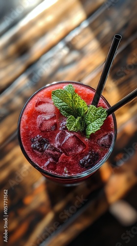 Refreshing berry drink with mint garnish served in a glass on a wooden table