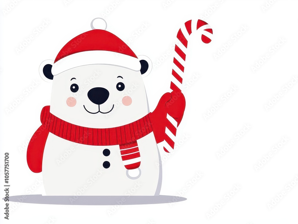 Festive polar bear, holding candy cane, isolated on white, flat design illustration Festive polar bear, holding candy cane, isolated on white, flat design illustration