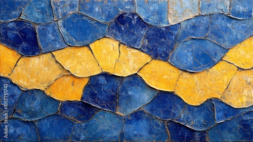 Textured abstract artwork with blue and yellow waves created using thick pain...