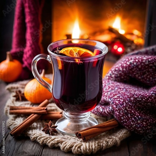 Delicious mulled wine and blurred fireplace on background