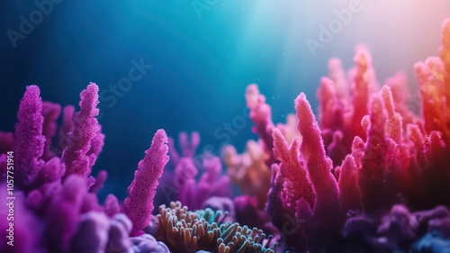 A vibrant underwater scene showcasing colorful coral formations illuminated by soft sunlight, highlighting the beauty of marine life. photo