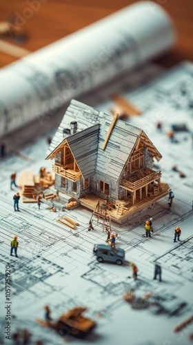 Detailed miniature construction of a wooden house on a blueprint in a busy wo...