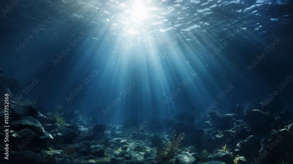 Fototapeta premium Dark blue underwater scene, surface above with light penetration