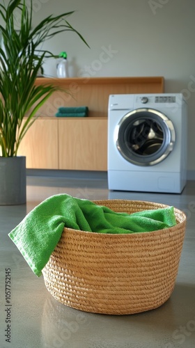 Cozy laundry corner with basket and green towel near washing machine in a bri...