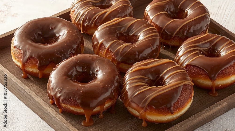 A tray of eight freshly made chocolate glazed donuts. A tray of eight freshly made chocolate glazed donuts.