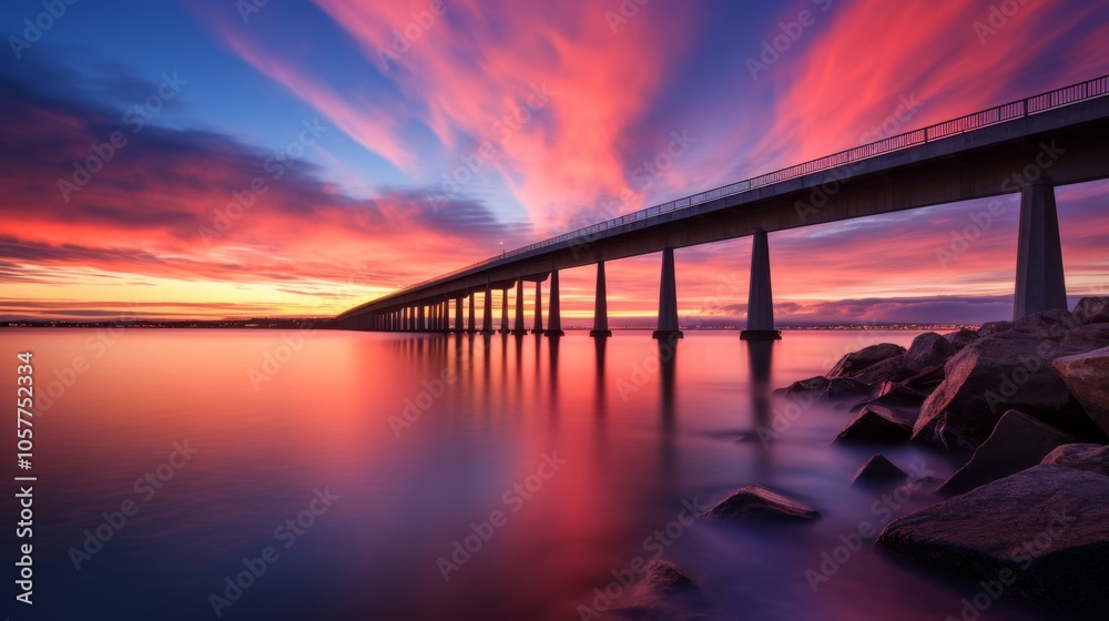 Fototapeta premium Dawn light over a bridge and bay, long exposure showcasing smooth water and colorful sky