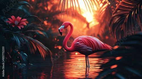 Tropical summer background. Flamingo with flower exotic leaf jungle water sunset landscape. Vibrant colorful bird animal print painting, fantasy modern 3d digital art. Summer party birthday invitation photo