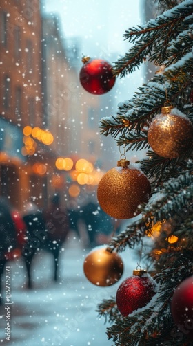 Festive holiday decorations glisten in the snow on a busy city street during ...