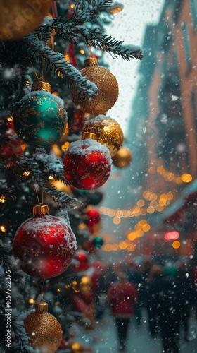Festive holiday decorations glisten in the snow on a busy city street during ...