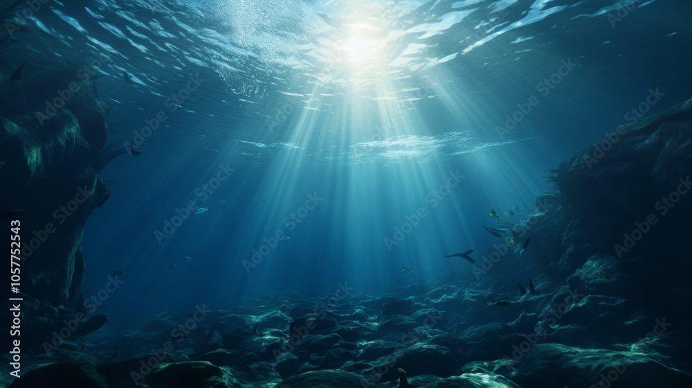 Fototapeta premium Deep ocean from beneath surface, sunlight breaking through