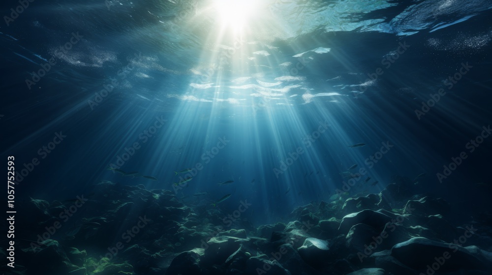 Fototapeta premium Deep ocean from beneath surface, sunlight breaking through