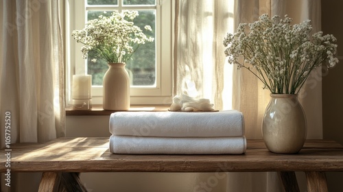 A tranquil bathroom setting with fresh towels and a flower vase in soft after...