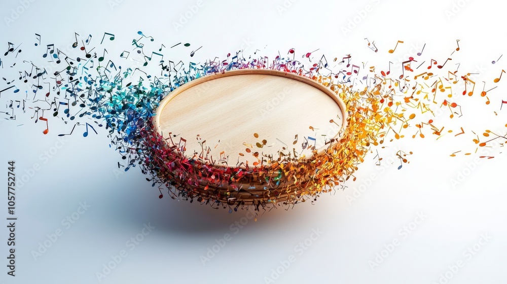 The minimalist image showcases a drum surrounded by swirling, colorful musical notes, signifying harmony between simplicity and rich, artistic creativity. The minimalist image showcases a drum surrounded by swirling, colorful musical notes, signifying harmony between simplicity and rich, artistic creativity.