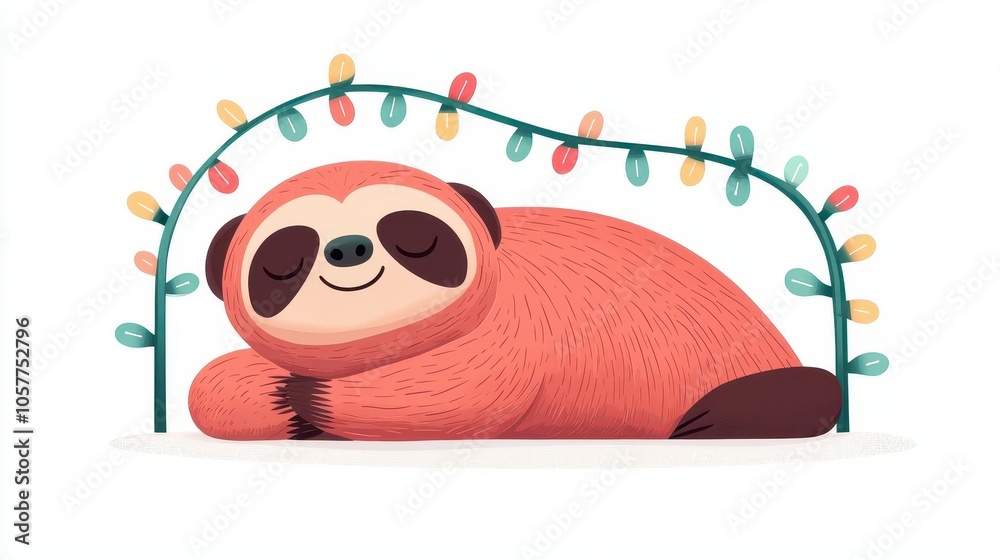 Obraz premium Festive sloth, with lights around, isolated on white, flat design illustration