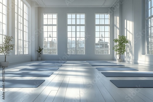 Spacious yoga studio with sunlight streaming through large windows in a seren...