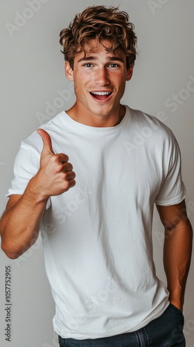 Young man giving a thumbs up gesture while standing against a textured gray wall