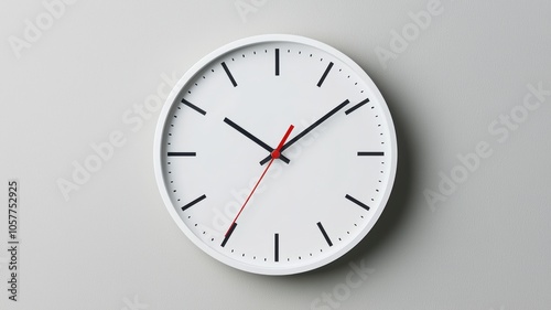 A simple white wall clock with black hour markers and hands, complemented by a striking red second hand.