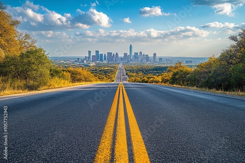 A long road leads towards a cityscape with mountains and bright blue sky in t...