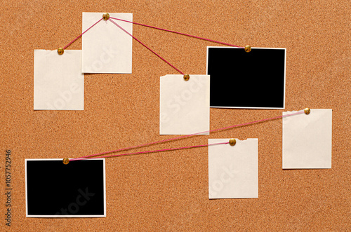 Blank paper notes and an empty photo are pinned to a cork board. The concept of detective investigation.