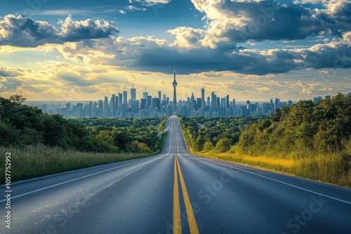 A long road leads towards a cityscape with mountains and bright blue sky in t...