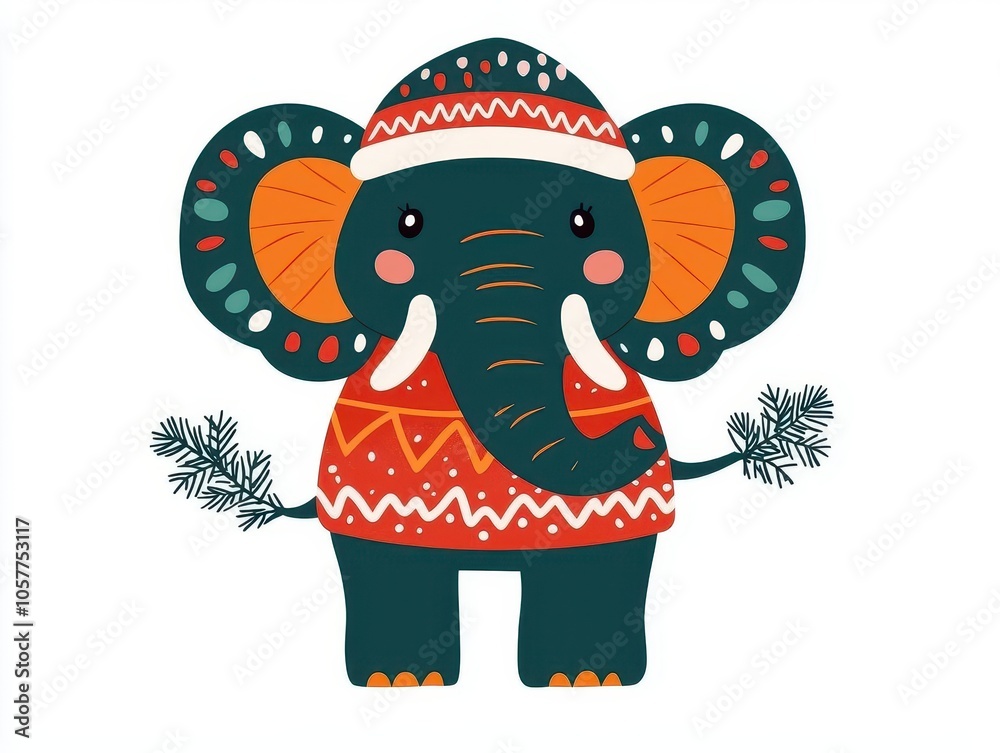 Obraz premium Festive elephant calf, Christmas scarf, isolated on white, flat design illustration
