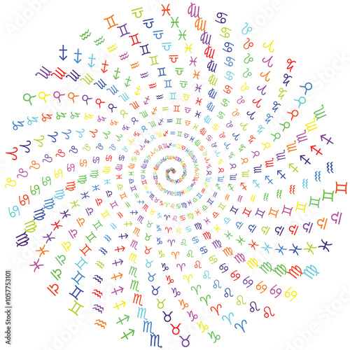 spiral made with zodiac symbols in random colors against a white background